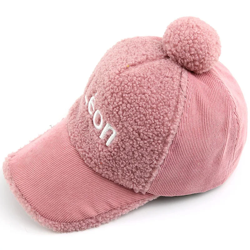 pink LEON Детский шерстяной помпон, бейсбольная кепка со смайликом и буквенным принтом, шерстяная шапка, Осенняя детская теплая зимняя шапка s, детские зимние шапки 3-8 лет - Цвет: pink LEON