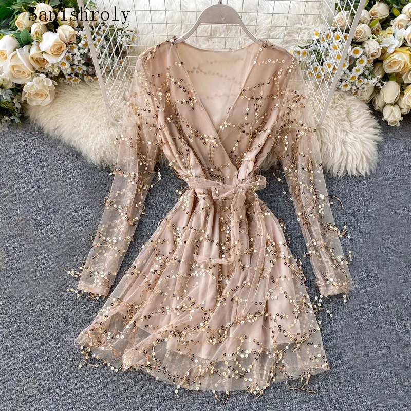 

Sanishroly Women Tassel Sequined Dress Sexy V-Neck Tie Bow A-Line Dresses Female High Waist Sexy Club Mini Short Vestidos SE1168