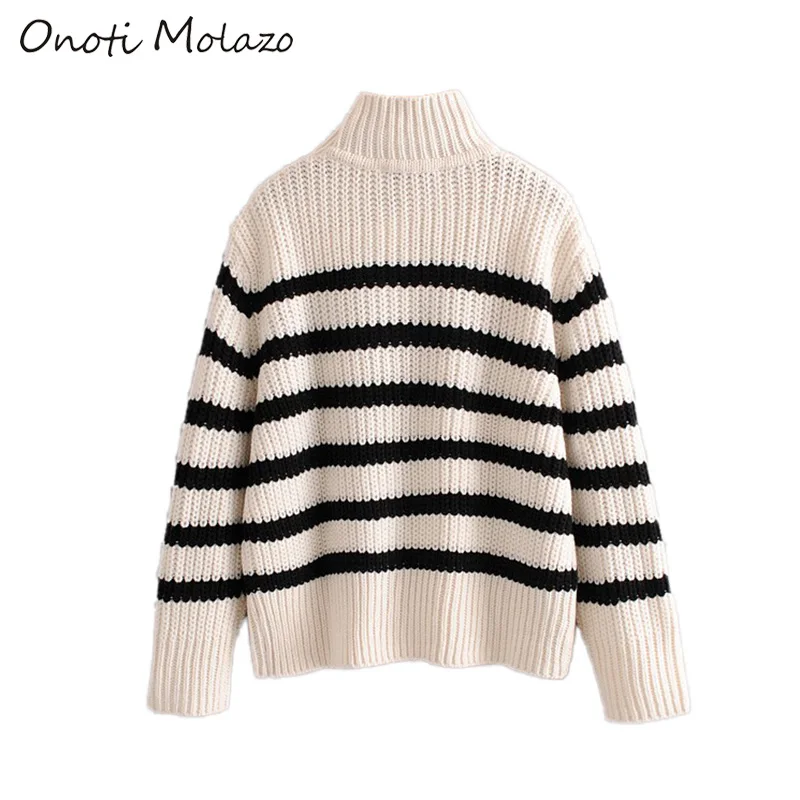 Onoti Molazo Casual Knitted Sweater Pullovers Women Striped Winter Buttons Elegant Ladies Chic Sweaters Femme 2019 New | Женская одежда