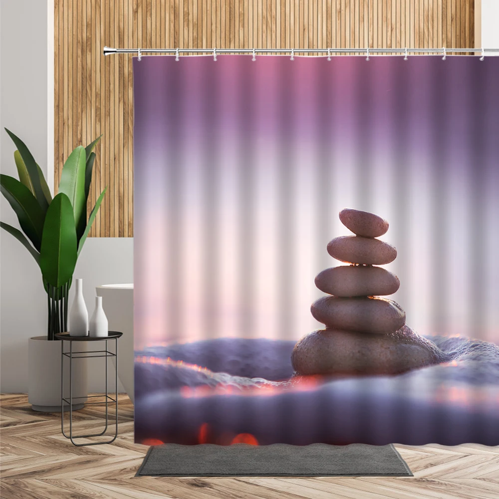 

3D Zen Garden Shower Curtain Set Bathroom Decoration Purple Floral Black Stone Bath Curtains With Hook living Room Hanging Cloth