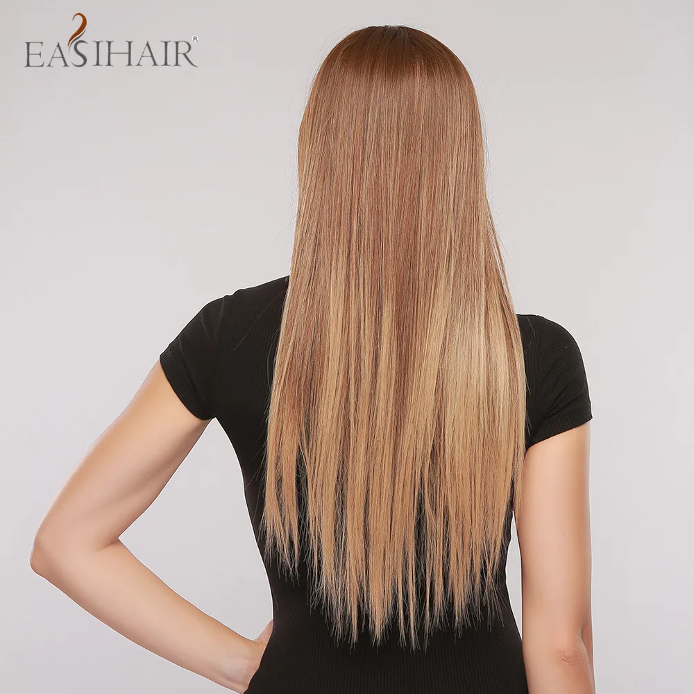 EASIHAIR Long Straight Ombre Brown Wigs With Bangs Heat Resistant Synthetic for Black Women Cosplay Natural Hair | Шиньоны и парики