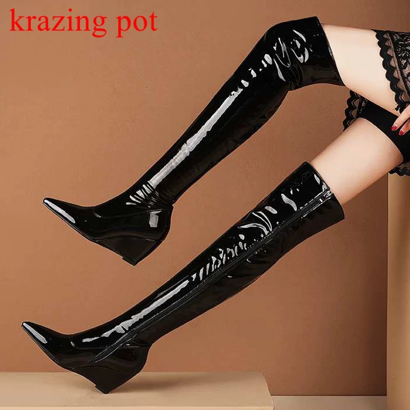 

Krazing Pot Microfiber Wedges High Heels Winter Shoes Motorcycles Boots Pleated Fold Decoration Classics Thigh High Boots L39