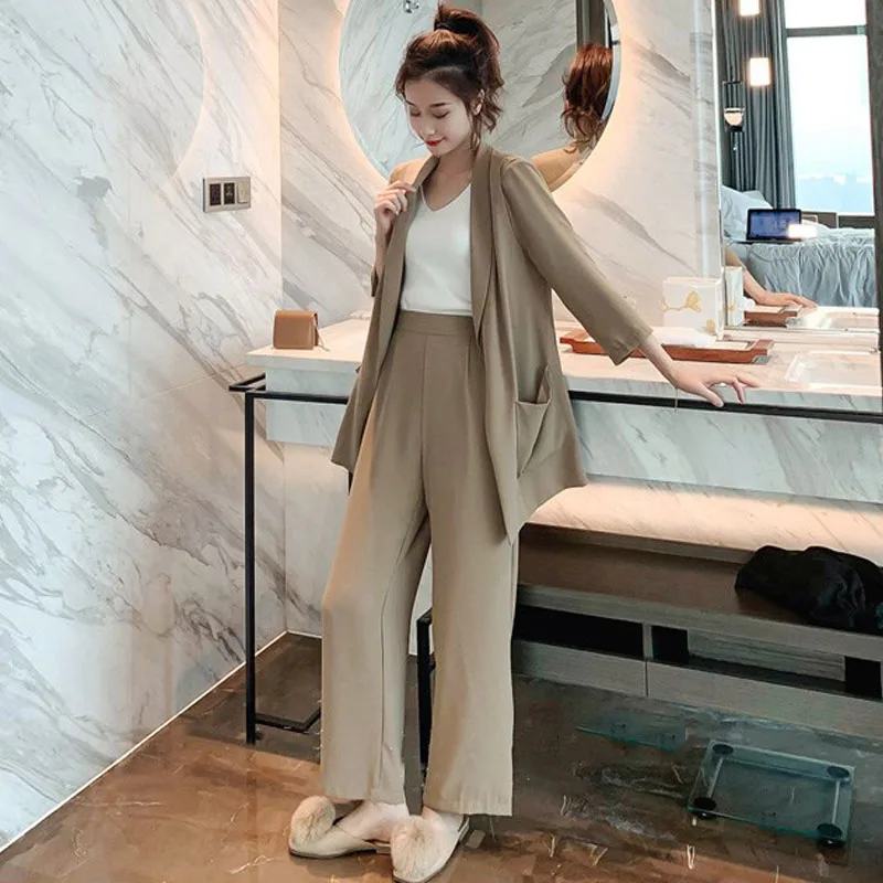 S-XL Plus Size Fashion Blazer Women's Suit 2020 3/4 Sleeve Long Cardigan+Casual Wide Leg Pant Female Spring 2 Piece Set | Женская