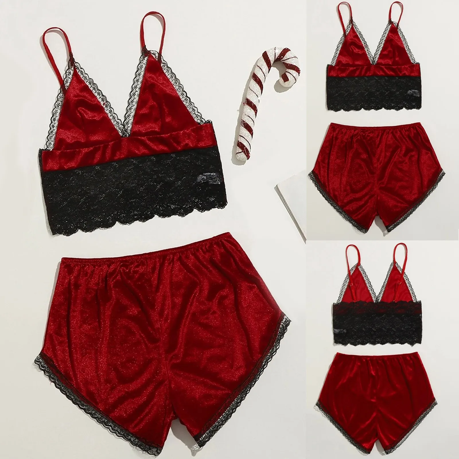 

2021 New Velvet Deep V Lace Solid Color Splicing Bra Shorts Women Lingerie Set Slim Erotic Underwear