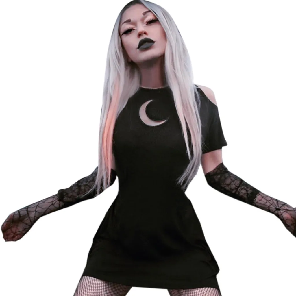 Женское модное черное платье в готическом стиле панк с открытыми плечами и луной