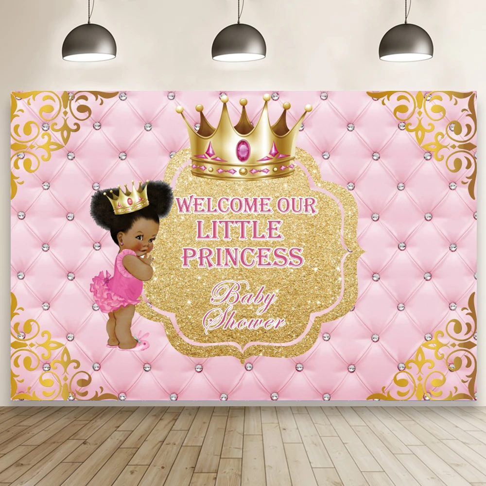 

Welcome My Little Princess Baby Shower Photo Backdrop Kids Birthday Party Decor Pink Headboard Pattern Golden Crown Background