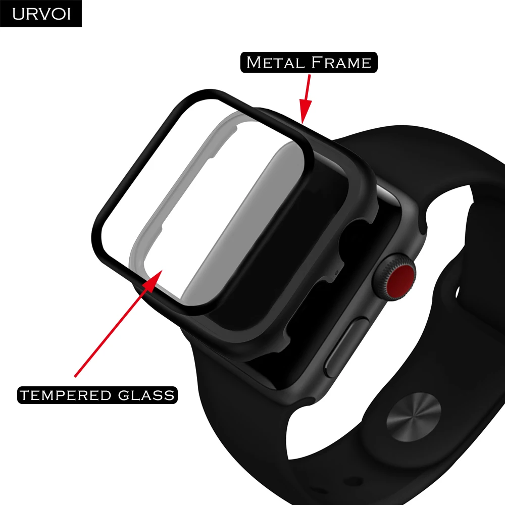 Металлический Чехол URVOI для apple watch series 5 4 3 2 1, чехол с закаленным стеклом для iwatch 40 мм 44 мм, жесткая рамка, алюминиевый бампер