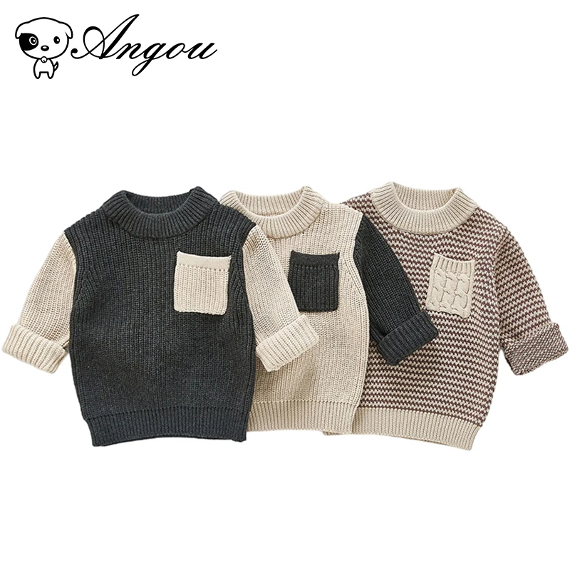 

Angou Autumn Winter 2021 Baby Boys Sweater Children knitted Clothes Kids Pullover Jumper Toddler Striped European American Style