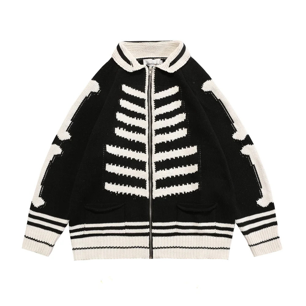 

Autumn Skull Zipper Sweater Cardigan Men Women Streetwear Harajuku Skeleton Knitted Sweater Coat Harajuku Retro Loose Knitwear