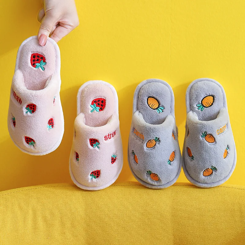

Children's Cotton Slippers Autumn Winter Girls Indoor Home Parent-child Cute Cartoon Fruit Baby Slippers Male Non-slip and Warm