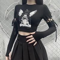 2022 punk dark gothic womens t shirts mall goth emo alt y2k e girl tee t shirt lace up bandage stitching long sleeved crop tops
