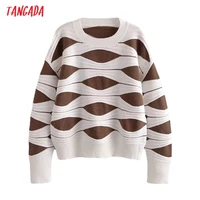 tangada women 2021 fashion geometry knitted sweater jumper o neck female oversize pullovers chic tops 5d155