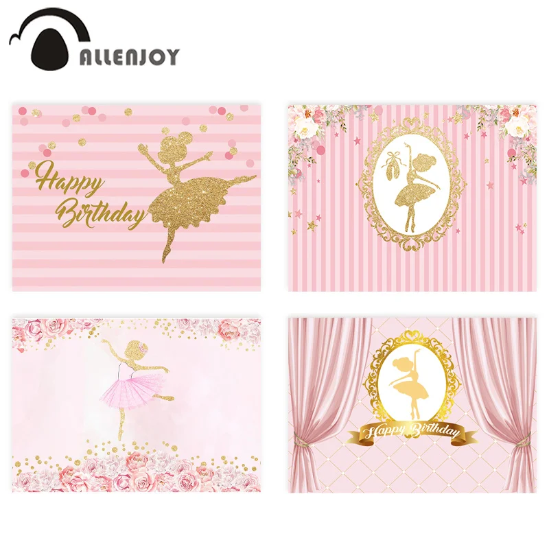 

Allenjoy Birthday Backdrops Ballet Girl Golden Flower Pink Stripes Backgrounds Photography Princess Baptism Party Decor Curtain