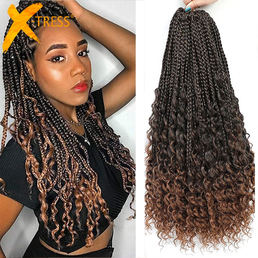X-TRESS Synthetic Crochet Braiding Hair Extensions For Black Women Ombre Brown Goddess Bohemian Box Braid Dreadlocks Curly End |