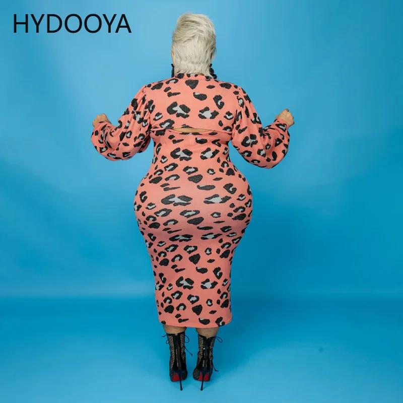 Plus Size Hollow 2 Piece Set Women Clothing Leopard Print Long Sleeve Crop Top+Camisole Bodycon Dresses Dropshipping Wholesale
