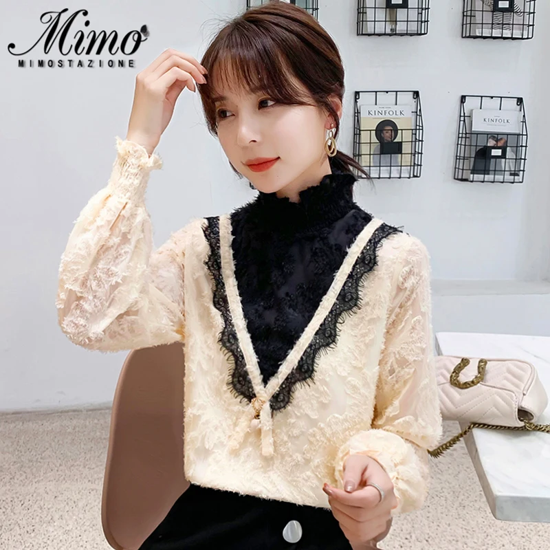 

Блузка женская кружевная с длинным рукавом, белая, шифоновая