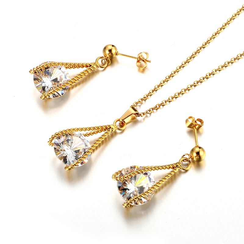 

Luxury Bridal Crystal Jewelry Sets Big Stone Pendant Necklace Charm Earrings Jewelry Set For Woman Wedding Jewelry Gift