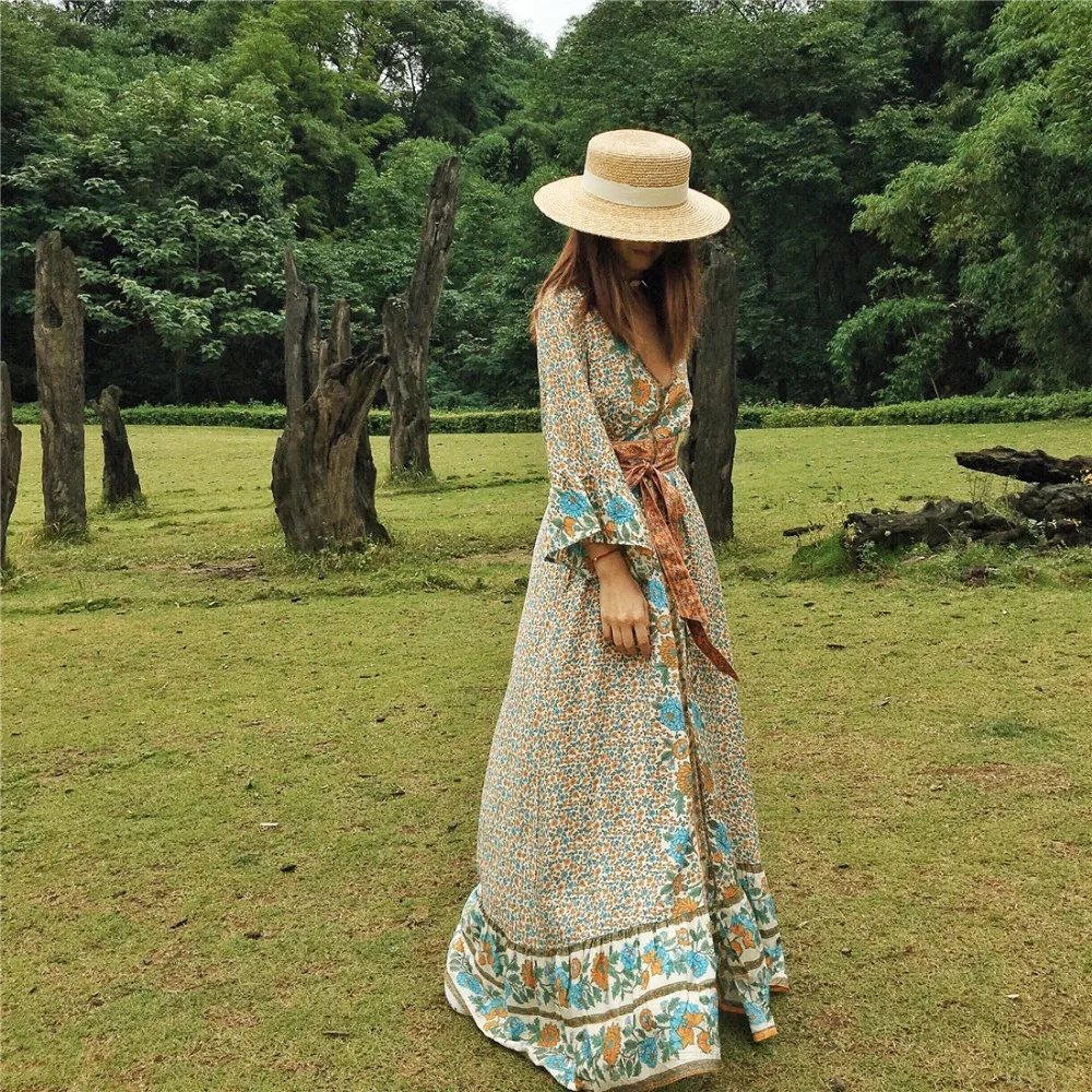 TEELYNN Gypsy Макси женские платья цвета хаки из вискозы с цветочным принтом летние платья сексуальное с v-образным вырезом с регулируемым поясом бохо платье vestidos