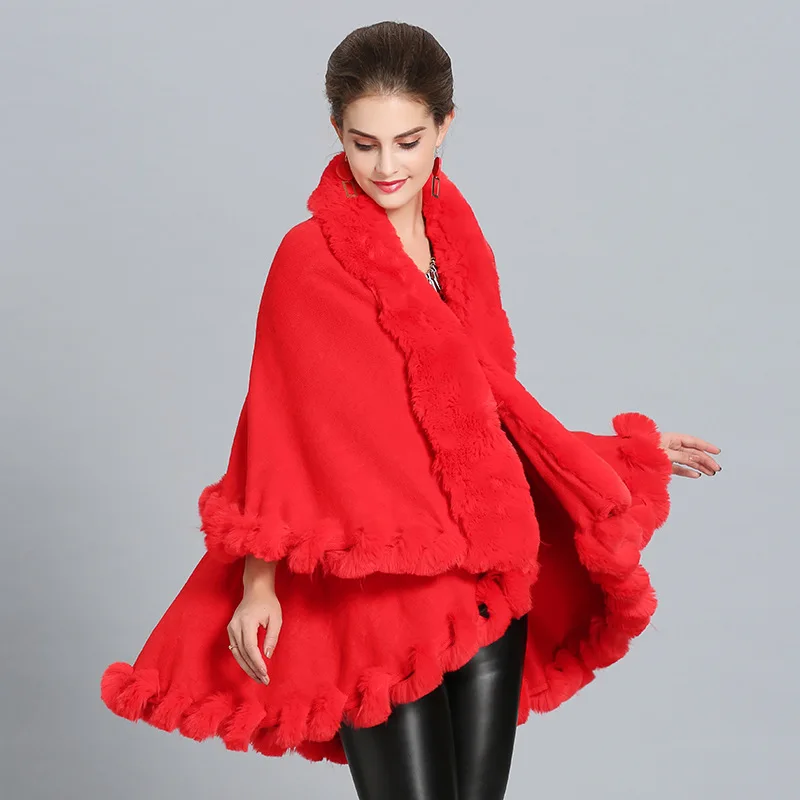 

Womens Cape Double-layer Knitted Faux Fox Fur Collar Loose Winter Fashion Warm Bat Type Womens Ponchos and Capes Lugentolo