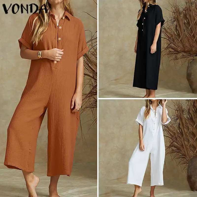 VONDA винтажные широкие брюки женские летние комбинезоны, женские костюмы с коротким рукавом плюс размер Комбинезоны элегантный женский комбинезон