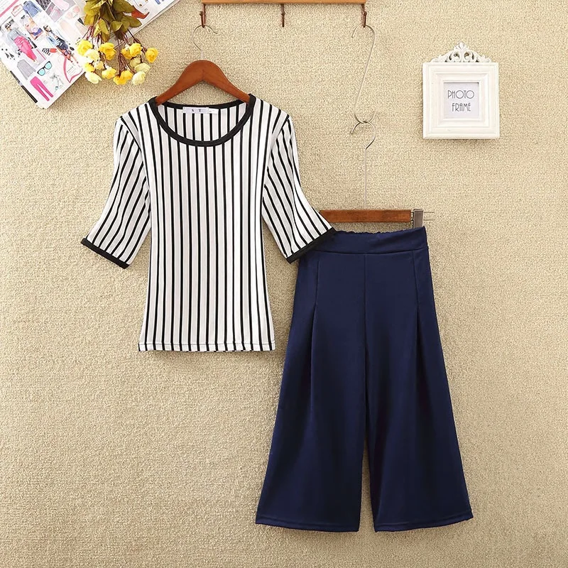 

Summer Two Piece Set Women Striped Shirt Casual Wide Leg Pants Outfit Women Clothing Rk