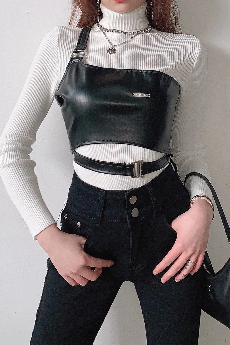 

European and American Style Single Shoulder Design PU Leather Black Vest Jacket Women's Ins Metal Buckle Motorcycle All-Match