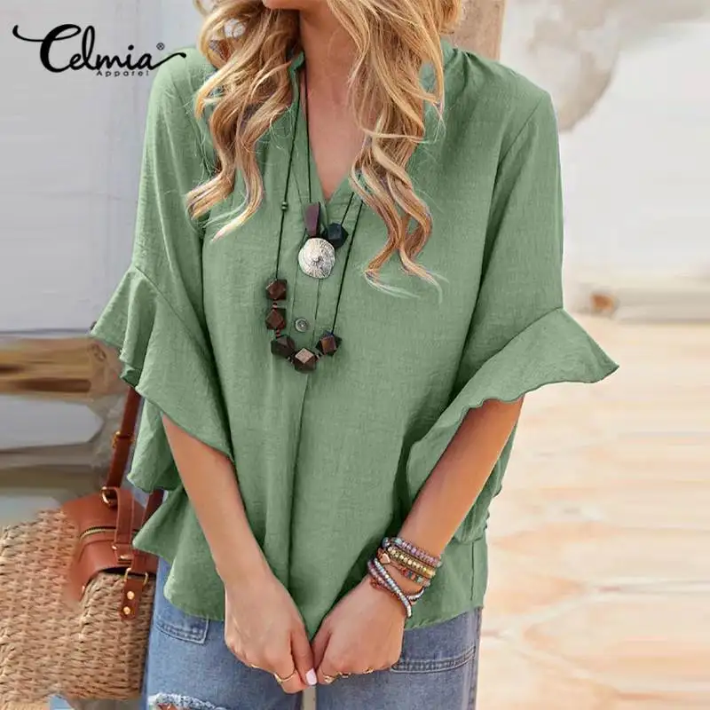 

Summer Asymmetrical Hem Tunic Celmia Women Vintage V Neck Blouses 2022 3/4 Flare Sleeve Ruffled Shirts Casual Loose Ladies Tops