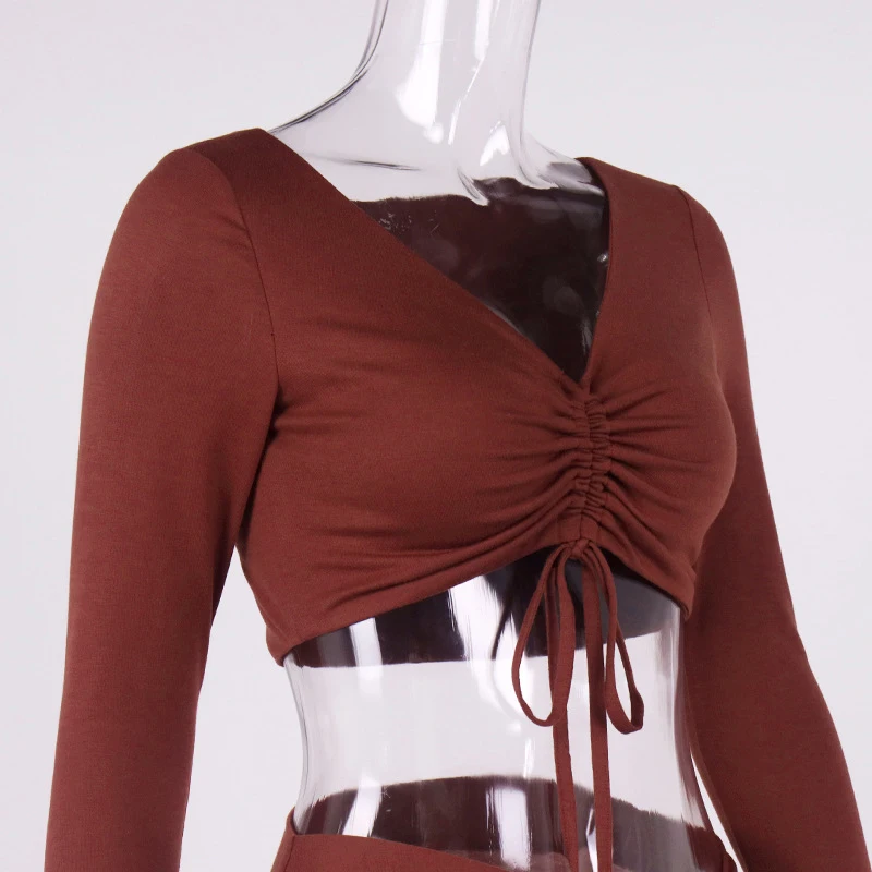 

ONEINALL Sexy Women's Skirts Suits For Female Shirred Lace Up V-neck Long Sleeve Tops Split Thigh Skirt 2021 Summer Women's Suit