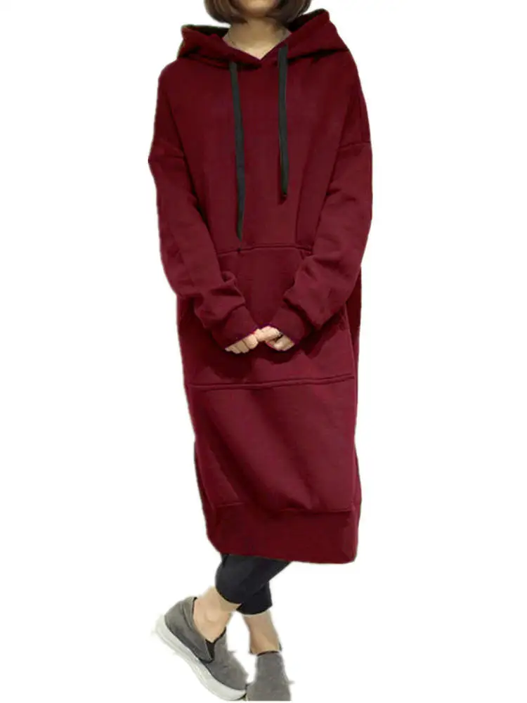 

Long sleeve pure color long fleece leisure dress female big yards Leisure pure color hooded fleece Sweatshirt Hoodies dress
