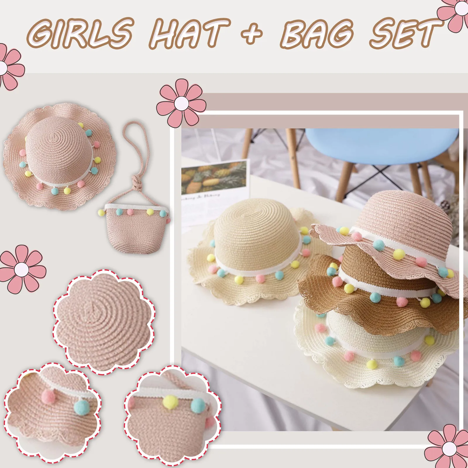 

Summer hat for baby girl Toddler Baby Girls Hairball Beach Sun Hat With Shoulder Bag Summer Child Set cap for kids girl kids hat