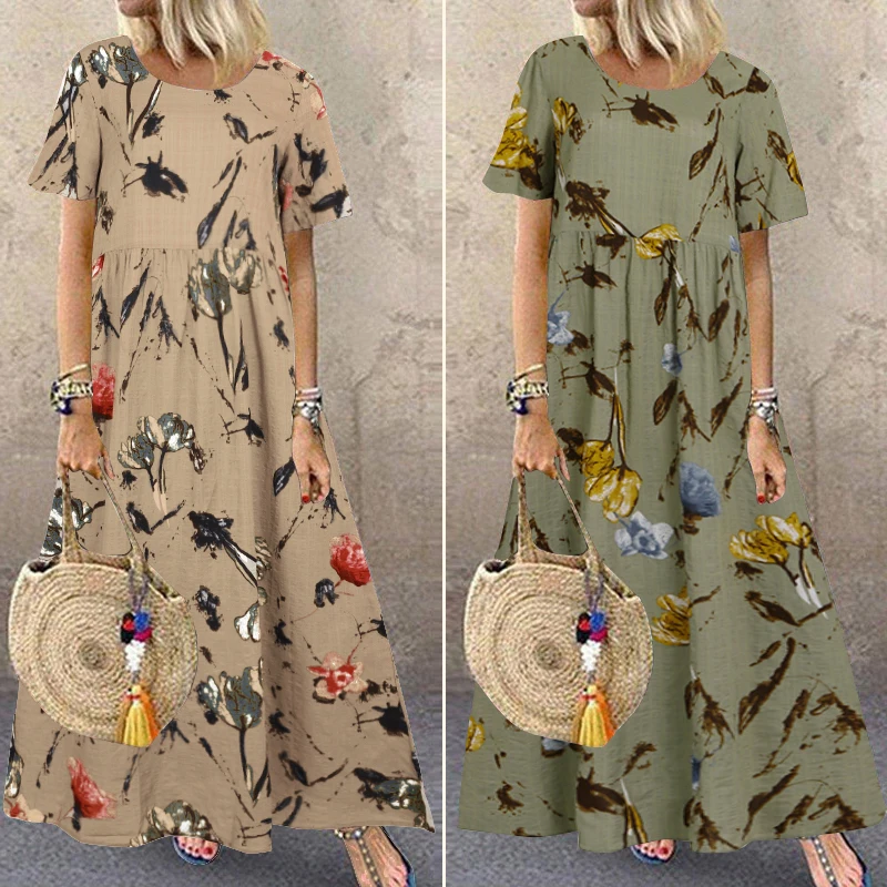 

Fashion Summer Maxi Dress Women's Printed Sundress Casual Short Sleeve Vestidos Female High Waist Robe Femme