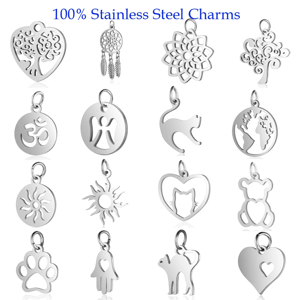 

5pcs/lot 316 Stainless Steel Cat Om Bear DIY Charm Pendant Wholesale Sun Lotus Dream Dog Catcher Bracelet Connector Charms