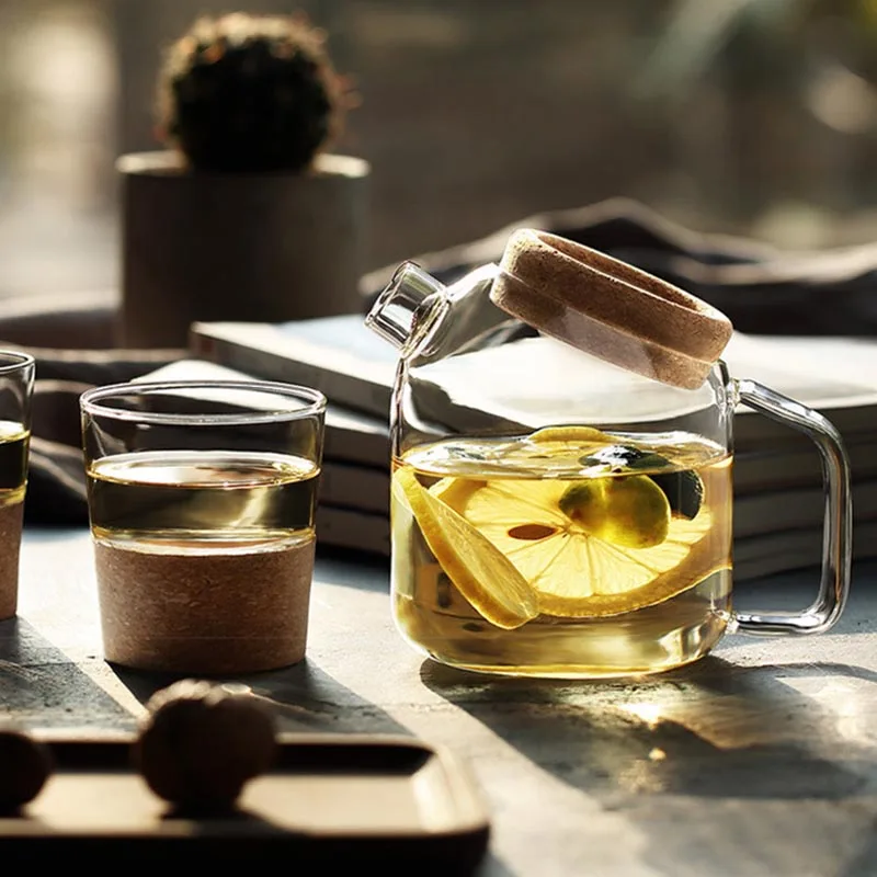 Стеклянный пробковый чайник YMEEI с деревянной крышкой термостойкий для холодного