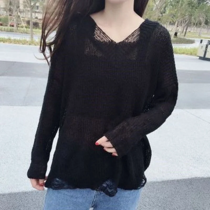 

Fashion Women Spring Autumn Sweaters Hollow Out Knit See Through V Neck Long Sleeve Solid Color Casual Loose Knitted Top Y94