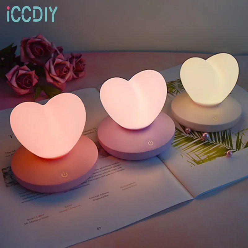 

LED Touch Control Table Lamp USB Rechargable Girl Modeling Lamp Energy Saving Romantic Love Heart Shape Decoration Night Light