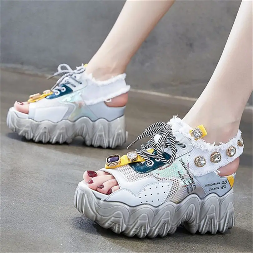 

Summer Women's Cow Leather Platform Wedge Sandals Open Toe Fashion Sneakers High Heels Rhinestone Ankle Boots Party PuMPS