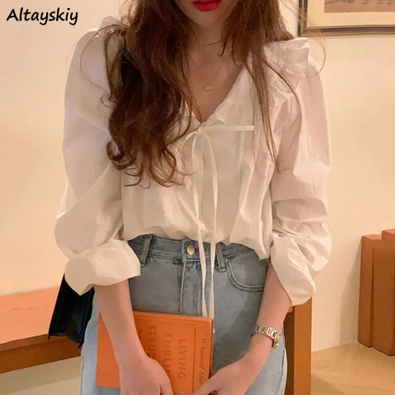 

Shirts Women Minimalist Chic Spring Simple Korean Fashion Clothes Pure Lace-up Lovely Girl Tops All-match Long Sleeve Lady Basic