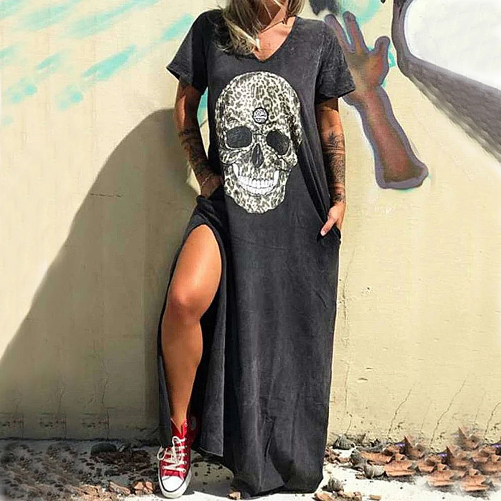 

Summer Dresses Women Punk Style Loose Halter Neck Sleeveless Women Dress Skull Print Street Side High Split Female Dress
