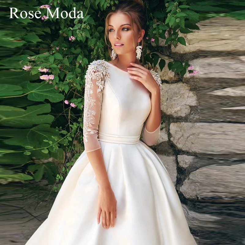 

Rose Moda 3/4 Lace Sleeves Princess Satin Wedding Dress with Sash Custom Make