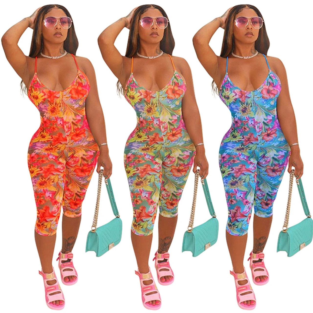 

European And American Women's Sexy Style V-Neck Floral Print Halter Romper Jumpsuit