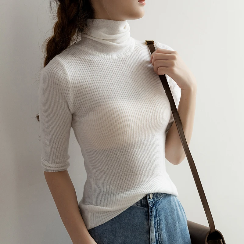 

women's cashmere sweater spring thin turtleneck warm pullover natural wool sweaters half sleeves short stylish sexy top jacket