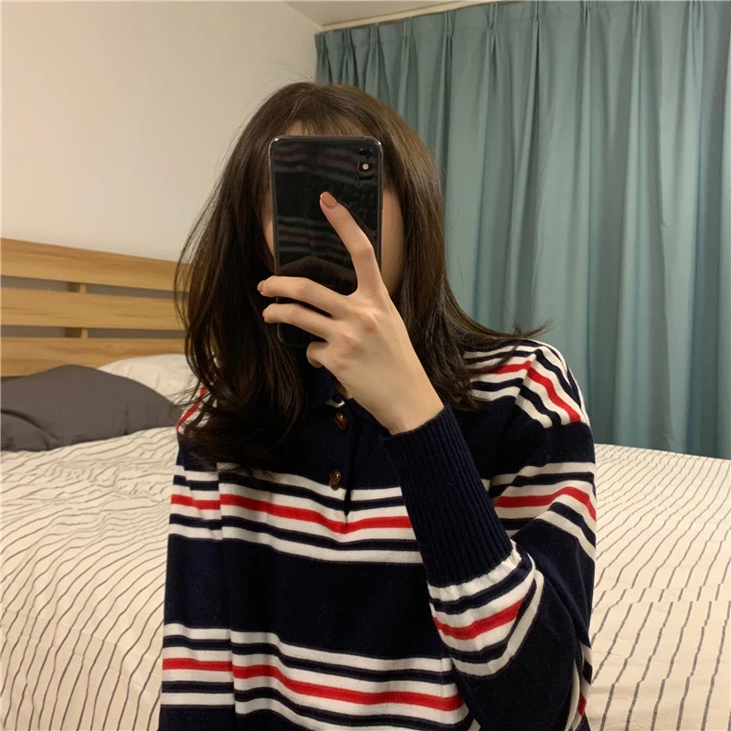 Polo Collar Striped Sweater Women Fashion Loose Casual Knitwear Tops Girls Soft Winter Long Sleeve Tunic Pulls | Женская одежда