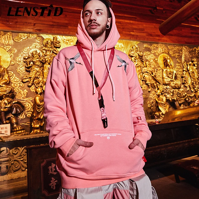LENSTID Harajuku японские вышитые краны флисовые бархатные зимние утепленные толстовки
