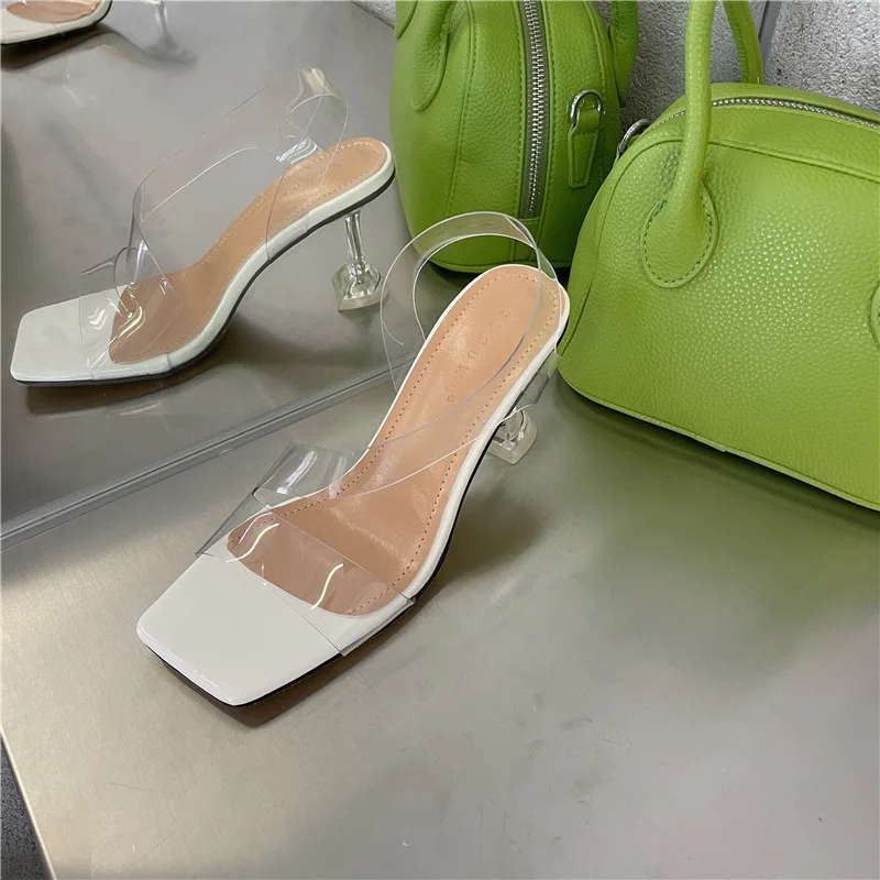 

2021 summer new fairy style square head open toe high heels women's sexy transparent crystal sandals