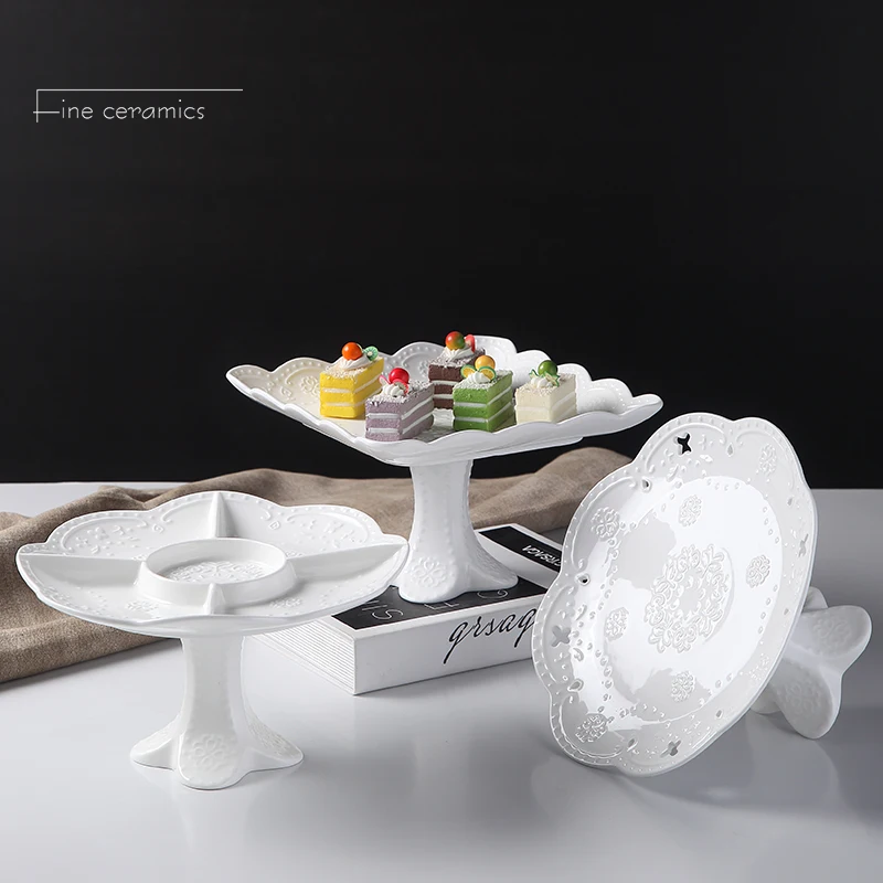 Простая белая рельефная фарфоровая подставка для торта керамическая фруктов