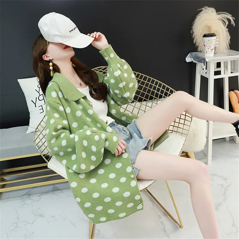 Sweater Coat Female 2020 New Korean Version Wild Spring Autumn Polo Collar Dot Medium Long Knit Cardiga Women SW1442 |