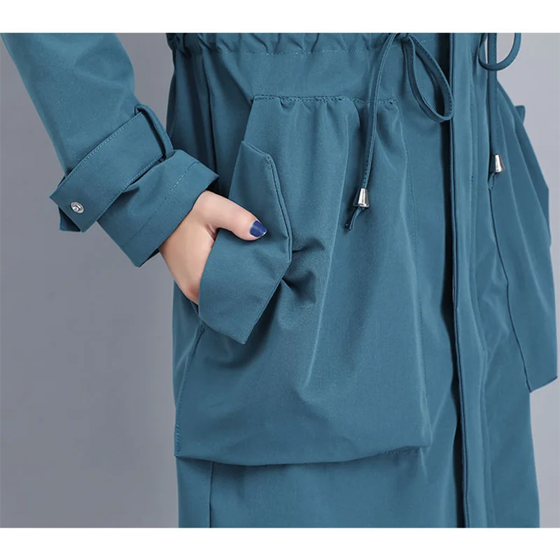 

2020 Spring Autumn Long Trench Coat Women Casual Long Sleeve Hooded Windbreaker Female Overcoat Zipper Big Pocket Plus Size Y257