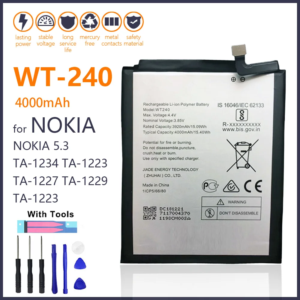 

100% Genuine WT240 Battery For Nokia 5.3 TA-1154 TA-1156 WT 240 TA 154 1156 4000mAh Mobile Phone NEW Batteries With Gifts Tools