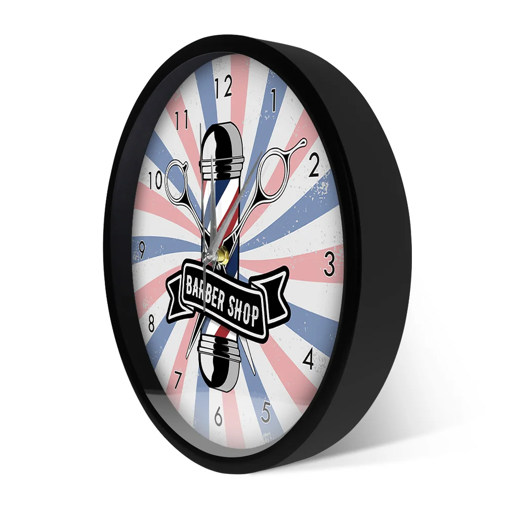 Парикмахерская палка бизнес знак металлическая рамка настенные часы для стрижки