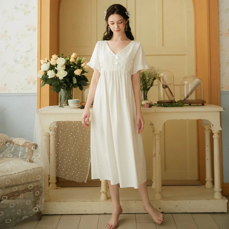 

Short sleeve cotton nightdress female summer palace wind Princess pajamas sweet loose size long dress wear home clothes spring